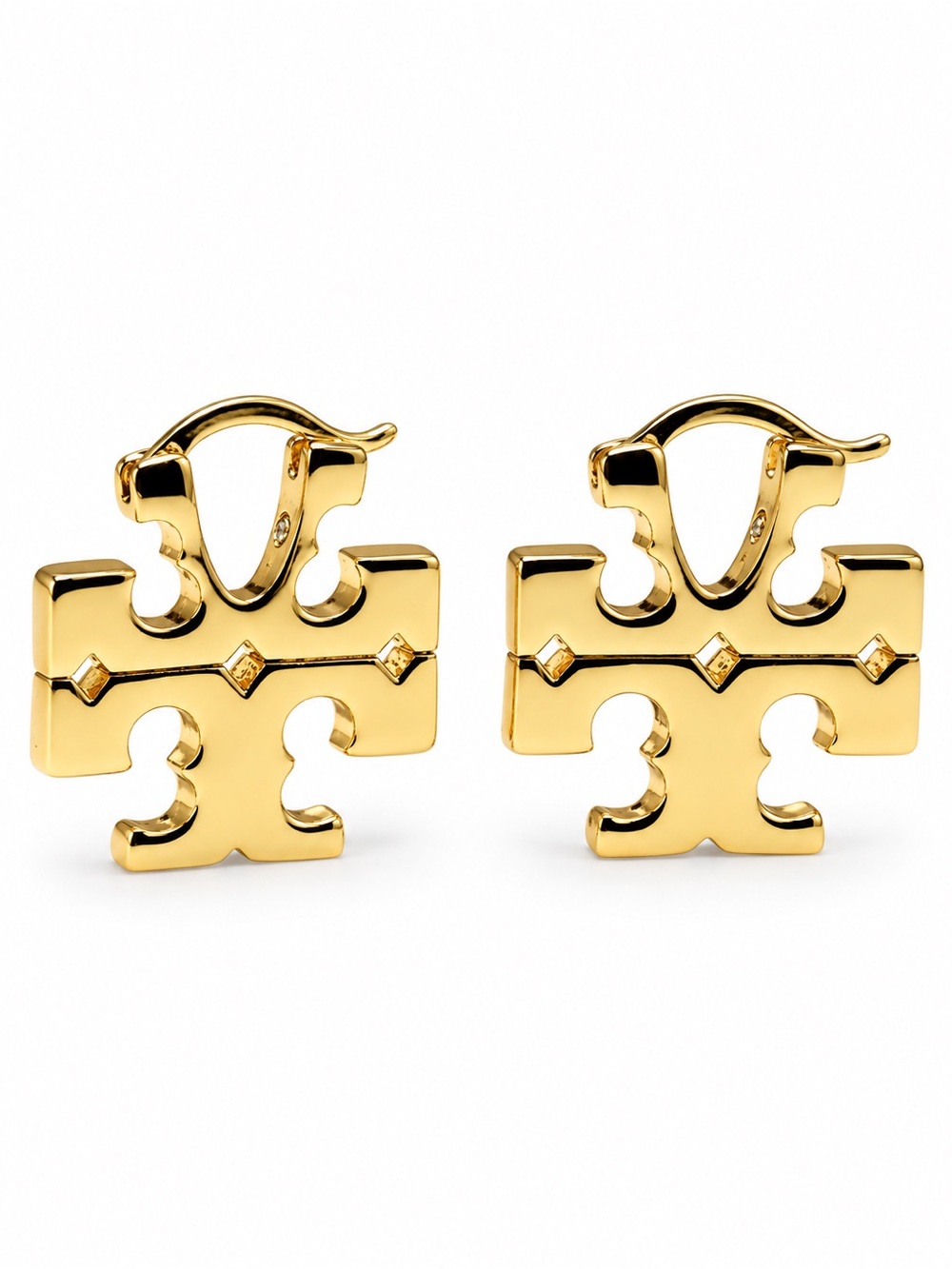 Tory Burch Gold Tone Double T Logo Huggie Hoop Earrings - Picture 1 of 6